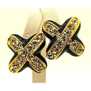 BLANCA Earrings Clip X Rhinestone Enamel Vintage 1980s